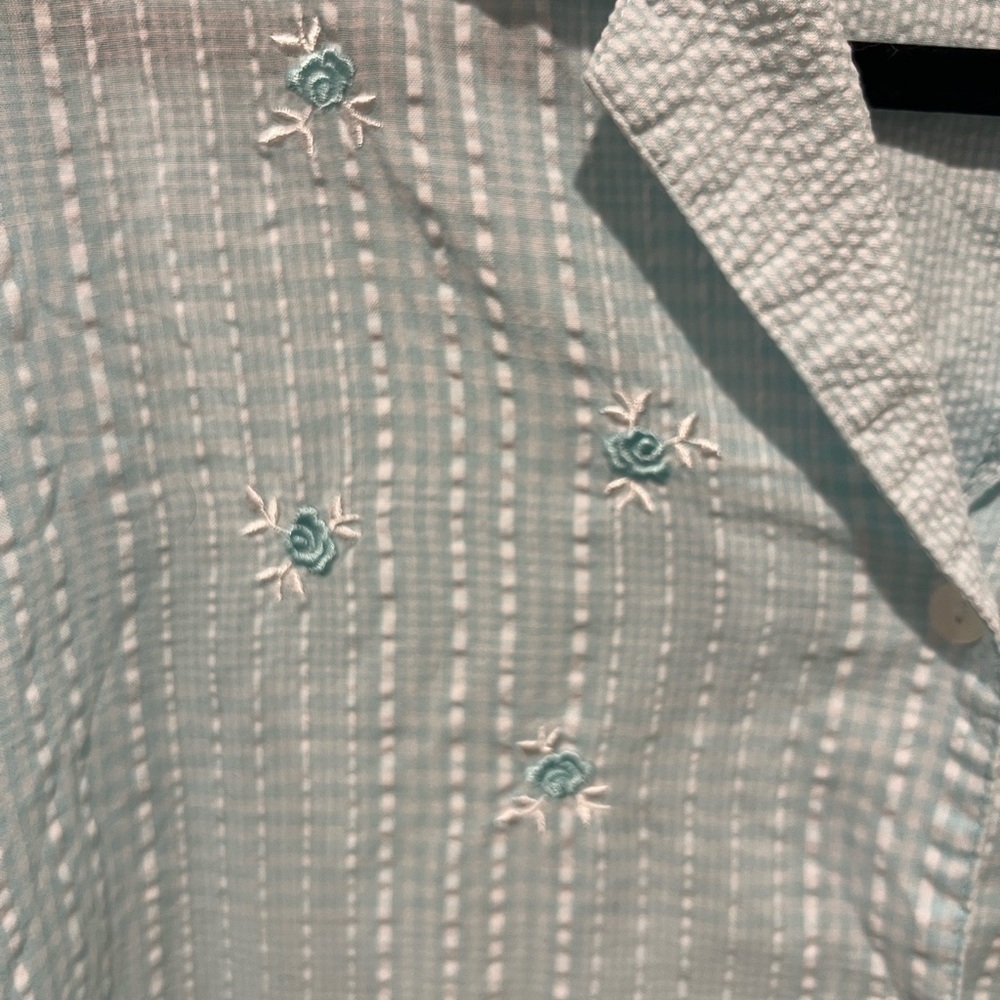 Miss Elaine Aqua and white seersucker long sleeve button down night shirt Large - Picture 4 of 7